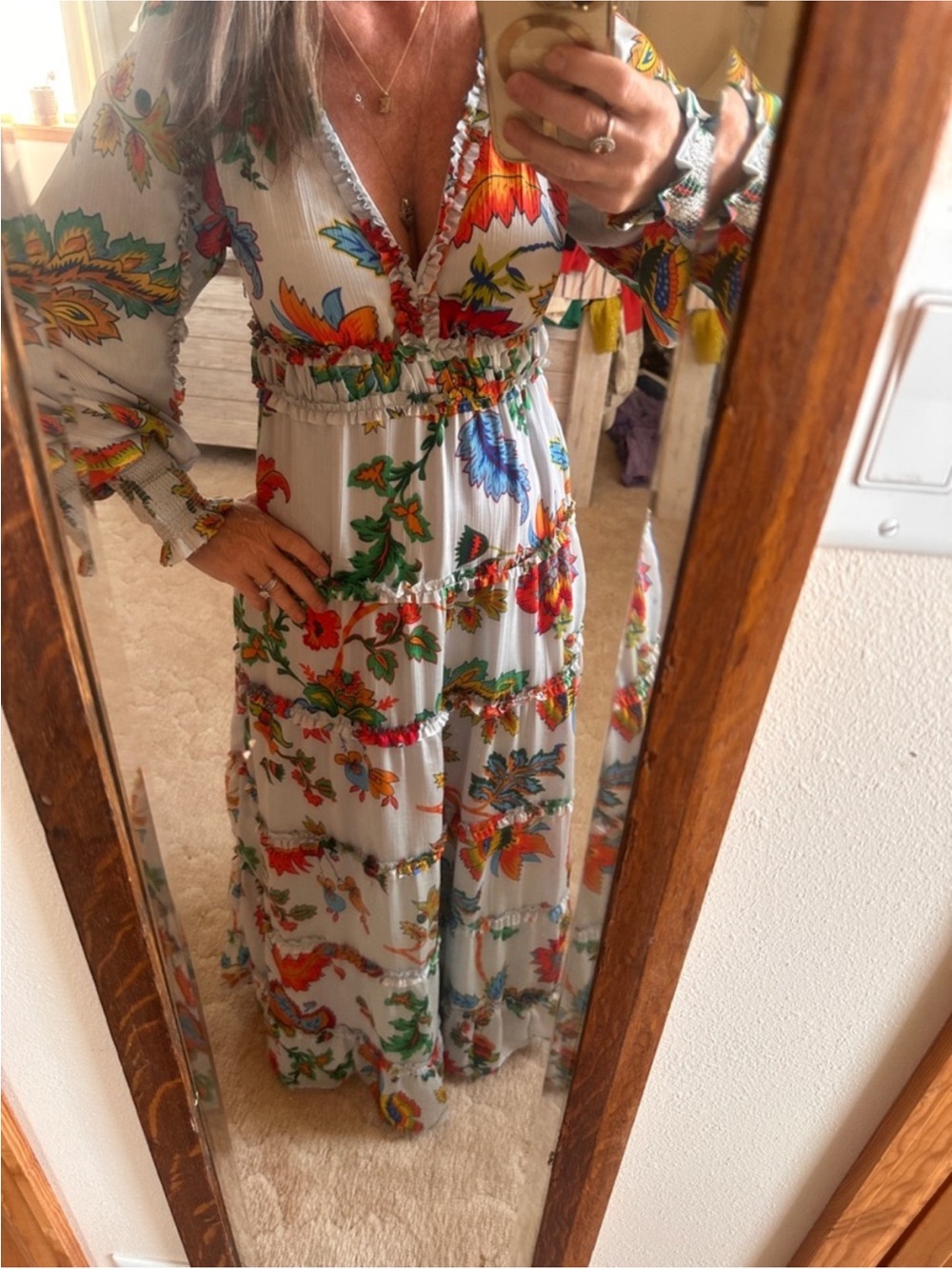 Floral Tiered Maxi Dress - White with Multicolor Print NWT XS